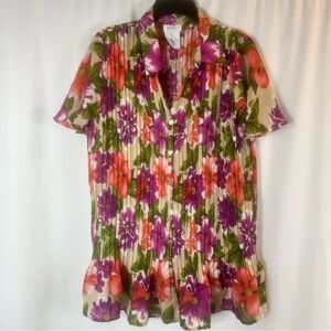 Only Necessities Blouse Top Women's L Floral Print Crinkle Button Up Pleated